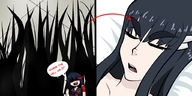 drawing micro sleeping color unaware shrunken_woman zoom eyebrows kill_la_kill ryuko_matoi satsuki_kiryuin bumblebambi eyebrow_forest hair_streak