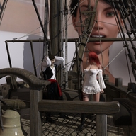 black_hair bath water green_eyes red_hair shrunken_woman shrunken_man ships digital_render openhighhat bath_interrupted