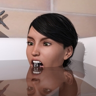 vore black_hair bath water green_eyes shrunken_people open_mouth inside_mouth ships on_tongue digital_render openhighhat bath_interrupted
