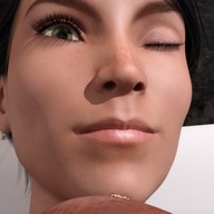 nipples green_eyes shrunken_woman on_nipple winking digital_render openhighhat bath_interrupted