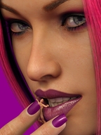 blue_eyes mouth teeth lips pink_hair hand face shrunken_man close_up mr_luigi manicure karen imminent_vore digital_render