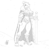 drawing giantess feet monochrome large_breasts sword cleavage muscles sketch looking_down cape armorkini dragonvsmonkey goats mega fantasy toes no_background looking_at_tiny hair_bun bare_midriff