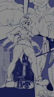 drawing giantess city comic monochrome barefoot cleavage butt_crush foot_crush looking_down skullgirls kononiko parasoul cerebella filia_medici between_breasts valentine_(skullgirls)