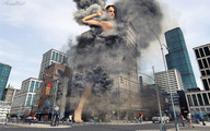 growth giantess nude city destruction barefoot buildings low_angle outgrowing_building streets smoke street_view sorenzer0 digital_render