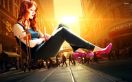 giantess collage city clothed high_heels red_hair sitting streets sunset toronto pedestrians between_buildings lala222221