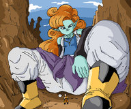 breasts giantess mega alien long_hair dbz boots blue_skin dragon_ball point_of_view orange_hair pointed_ears krillin zangya