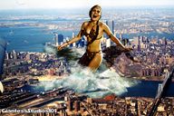 breasts giantess collage city mega blonde bridge water brunette smiling star_wars braid semi_nude loincloth princess_leia slave_dress leia metal_bikini
