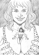 breasts drawing gentle giantess monochrome smiling giganta costume wonder_woman looking_at_viewer leotard leopard_print dc_comics between_breasts