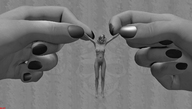 breasts nipples gentle nude blonde monochrome handheld barefoot pubic_hair shrunken_woman dangle manicure digital_render