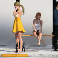 gentle upskirt blonde black_hair high_heels story shrunken_woman shrunken_man digital_render openhighhat