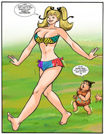 drawing giantess blonde color clothed barefoot cleavage bra pigtails walking daisy_dukes pig