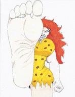 drawing color barefoot soles angry red_hair looking_down fist looking_at_viewer raised_foot imminent_crush