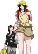 drawing gentle black_hair color clothed mini_giantess walking shopping_bags looking_at_tiny bare_legs pith_helmet soryuu