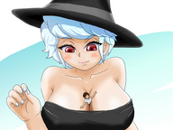 drawing white_hair color cleavage witch shrunken_man black_dress tayunta between_breasts