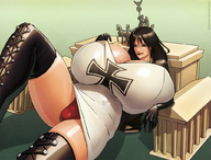 drawing giantess panties black_hair color long_hair cleavage buildings anime huge_breasts gloves german leaning_against_building white_dress balsamique riding_boots
