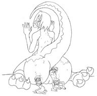 drawing nude tail monochrome claws wet anal godzilla stinky japanese_text kaiju dorogato