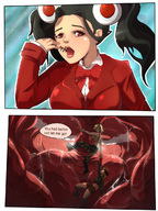 drawing vore comic black_hair color tongue saliva brown_eyes twintails shrunken_woman military_uniform acerok commission mouth_view natasha bowtie tossing artabc red_alert yuriko_omega tanya