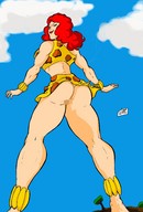 drawing giantess mega upskirt color butt bra smiling giganta red_hair censored sky point_of_view looking_back leopard_print dc_comics