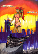drawing giantess mega color long_hair handheld helicopter smiling giganta red_hair ponytail looking_down batman costume sunset cape belt dc_comics gotham_city breats