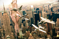 giantess collage city mega blonde butt swimsuit destruction buildings military ponytail airplane jets streets smoke looking_back new_york_city empire_state_building g_string hand_on_ass