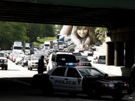 giantess collage traffic brunette smiling crawling highway thighs looking_at_viewer police_car