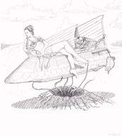 breasts drawing giantess mega monochrome clothed barefoot cleavage desert ponytail star_wars braid princess_leia tatooine sail_barge sarlacc_pit slave_dress metal_bikini