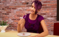 vore purple_hair blood shrunken_men lunch fork cruel plate looking_at_victim digital_render jamesmason0 lexithegiantess