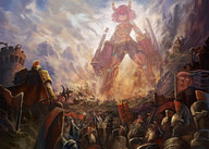 drawing horns color armor destruction giant blue_eyes military yilx red_hair medieval weapon mountains cape looking_at_viewer flag valley shield looking_at_tiny gauntlets mace