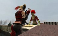breasts giantess city blonde butt buildings red_hair harley_quinn twintails giantesses batman poison_ivy belt pizza catwoman green_skin digital_render dc_comics giant_pizza