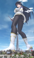 giantess city mega upskirt black_hair destruction blue_eyes handheld gloves boots looking_down looking_at_viewer senran_kagura ikaruga digital_render na