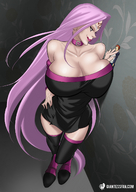 drawing color long_hair clothed cleavage purple_hair breast_crush stockings smiling rider collar shrunken_man licking_lips giantessfan black_dress fate/stay_night scar shirou trapped_in_fingers fate_(series)