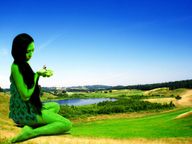 gentle collage black_hair long_hair handheld barefoot asian sitting lake sky trees farmland jolly_green_giantess leaf_dress