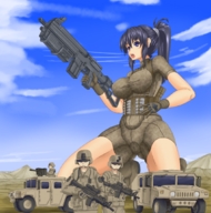 drawing giantess color blue_eyes desert military gloves vehicles crouching sky grey_hair guns weapons tomahawk