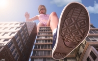 giantess blonde buildings glasses low_angle looking_down sneakers sky point_of_view raised_foot digital_render jamesmason0 walk-over