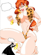 drawing giantess mega color large_breasts barefoot cleavage giganta red_hair thong kneeling navel batman costume ankle_bracelet cape earrings bracelet leopard_print no_background dc_comics loincloth batarang kskillz
