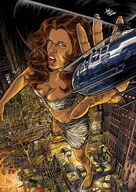 drawing city color clothed barefoot rampage cleavage bra buildings angry brunette brown_eyes fire reaching onlookers police_cars attack_of_the_50_foot_woman nancy_archer bare_legs fire_trucks police_helicopter abelcicero bare_midriff