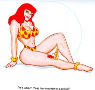 drawing nipples giantess mega color clothed barefoot cleavage bra green_eyes smiling cheetah giganta red_hair sitting looking_down thighs costume dialogue joe_gravel leopard_print no_background sarong dc_comics mowing