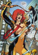 drawing giantess city mega comic color robot clothed cleavage buildings green_eyes angry giganta red_hair fighting fist costume ripped_clothing jumpsuit dialogue dc_comics convenient_censorship metal_men