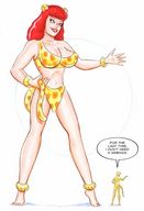 breasts drawing giantess tail mega color barefoot bra smiling cheetah giganta red_hair navel belly looking_down costume dialogue joe_gravel leopard_print no_background sarong dc_comics