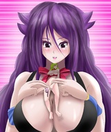 drawing gentle panties blonde color barefoot cleavage anime purple_hair huge_breasts smiling shrunken_woman undressing between_breasts
