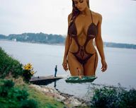 giantess collage black_hair large_breasts swimsuit clothed cleavage water wet navel looking_down boats earrings dock