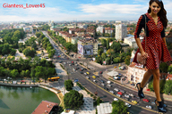 giantess collage city high_heels buildings brunette dress walking streets vehicles nina_dobrev giantess_lover45