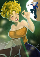 drawing white_hair blonde color blue_eyes cleavage shrunken_people shrunken_man between_fingers closed_eyes angelgts antfarm