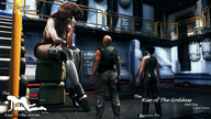 clothed cleavage brunette mini_giantess sitting onlookers looking_away digital_render fater bald camouflage rise_of_the_goddess storage_bay container_boxes tactical_vest
