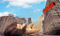 breasts giantess nude destruction buildings brunette lying_down bus streets vehicles sky sorenzer0 digital_render
