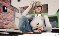 blonde finger glasses hand shrunken_man pen desk manicure poking sorenzer0 looking_at_tiny digital_render
