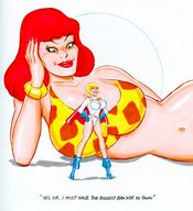 breasts drawing giantess mega blonde color large_breasts clothed cleavage bra giganta red_hair lying_down boots looking_down costume cape earrings belt leotard hands_on_hips power_girl joe_gravel leopard_print no_background sarong dc_comics