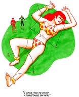 breasts drawing giantess mega color clothed barefoot cleavage giganta red_hair navel costume dialogue joe_gravel tied_down justice_league unconscious green_lantern leopard_print flash dc_comics loincloth the_flash subdued