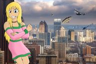 drawing giantess collage city blonde color blue_eyes helicopter tank jets leaning_against_building looking_at_viewer crossed_arms jaredthefox92 chrisillustrations