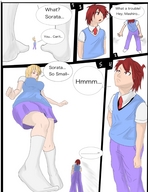 drawing size_difference blonde comic color clothed skirt anime story socks shrunken_man looking_down sweater no_background